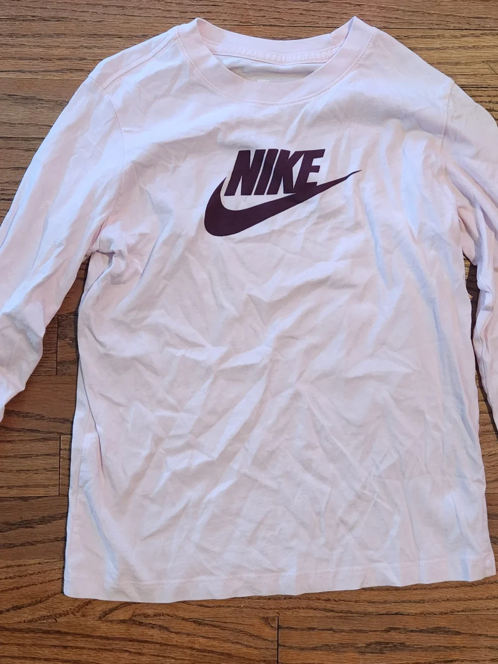 Nike Long-Sleeve Tee in Light Pink with Maroon Logo